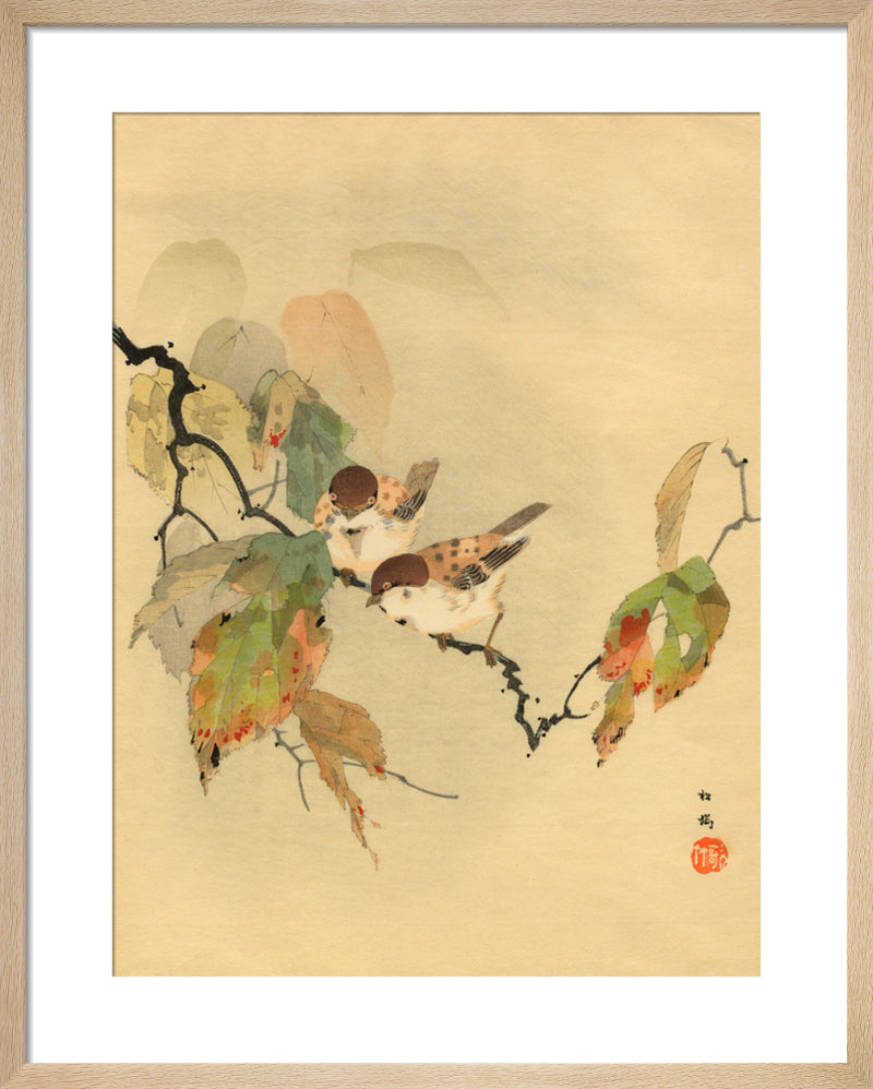 Sparrows with Autumn Leaves by Anonymous. Framed art print.