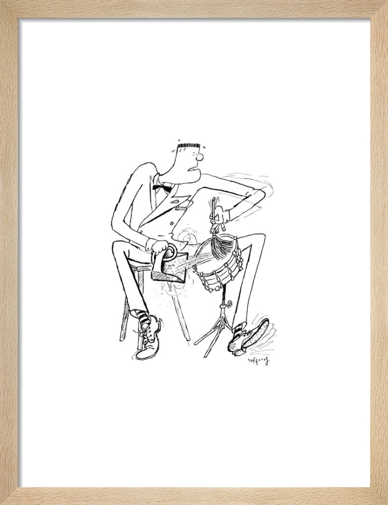Jazz Drummer with Dustpan and Brush by Gerard Hoffnung. Framed art print.