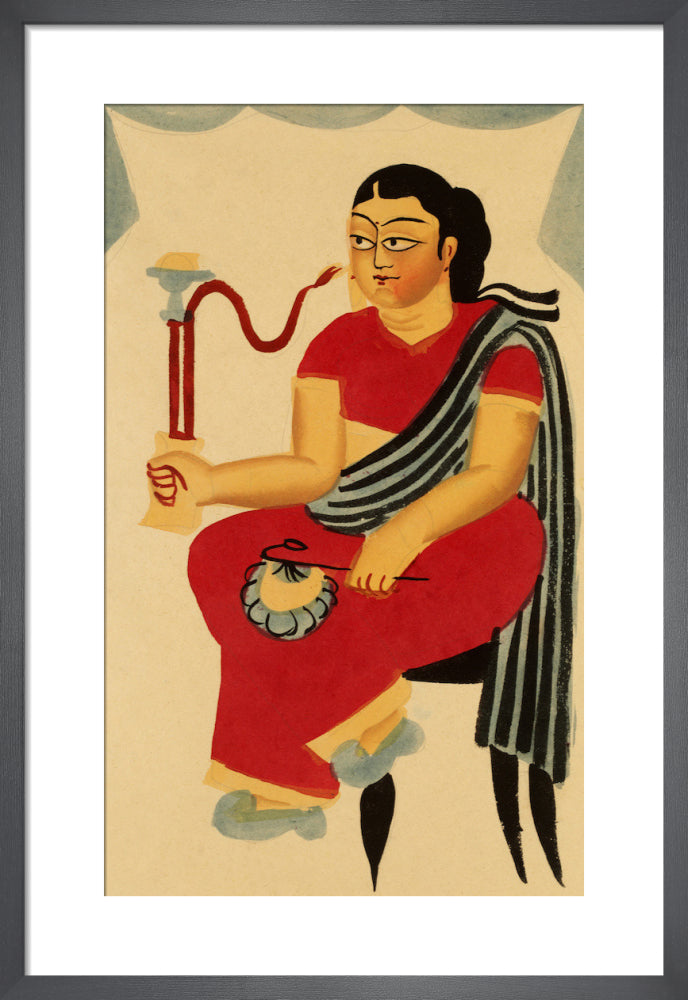 Seated courtesan smoking, c.1900 by Kali Charan Ghosh. Framed art print.