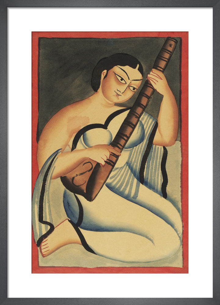 A courtesan playing the sitar, c.1900 by Nibaran Chandra Ghosh. Framed art print.