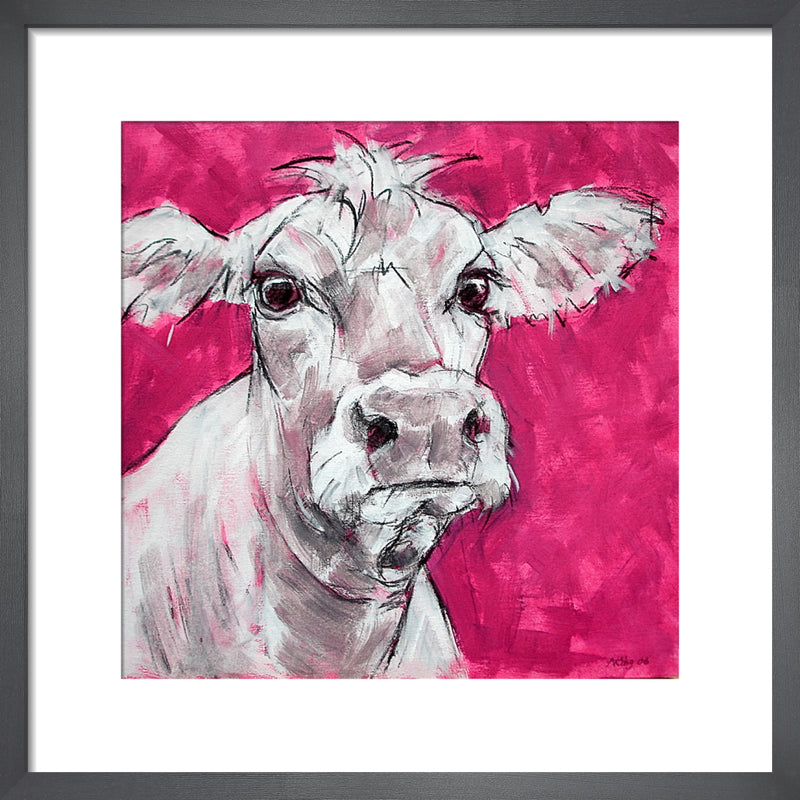 Cow on Pink by Nicola King. Framed art print.
