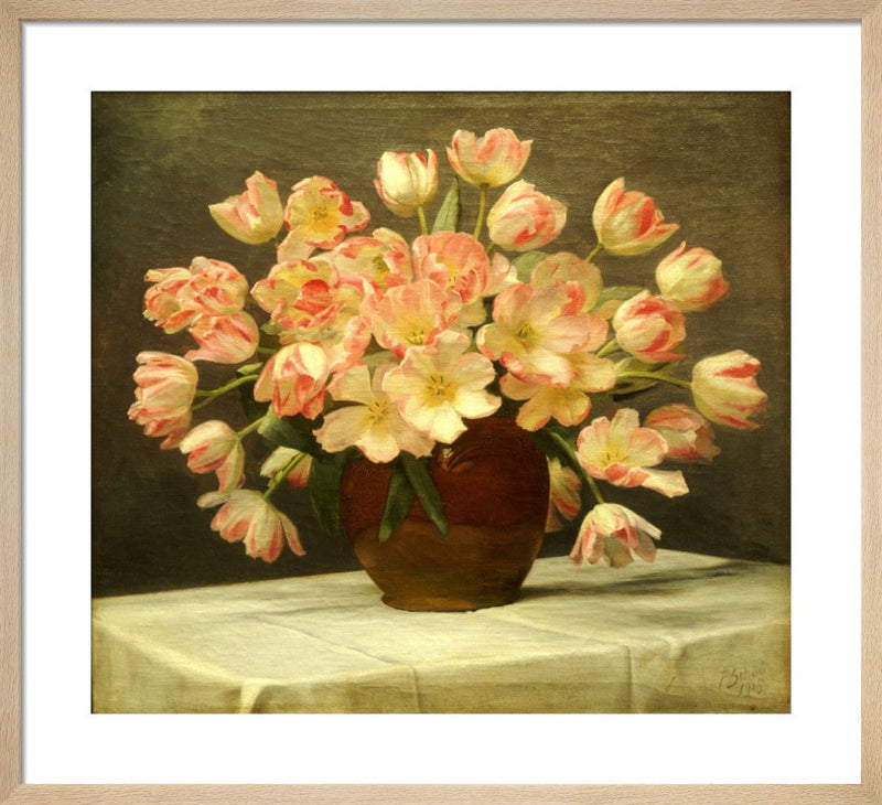 Tulips in a Vase on a Draped Table, 1915 by Peter Johan Schou. Framed art print.