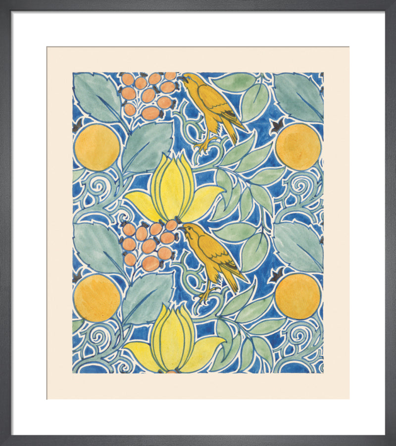Textile design with birds and fruit, 1919 by C F A Voysey. Framed art print.