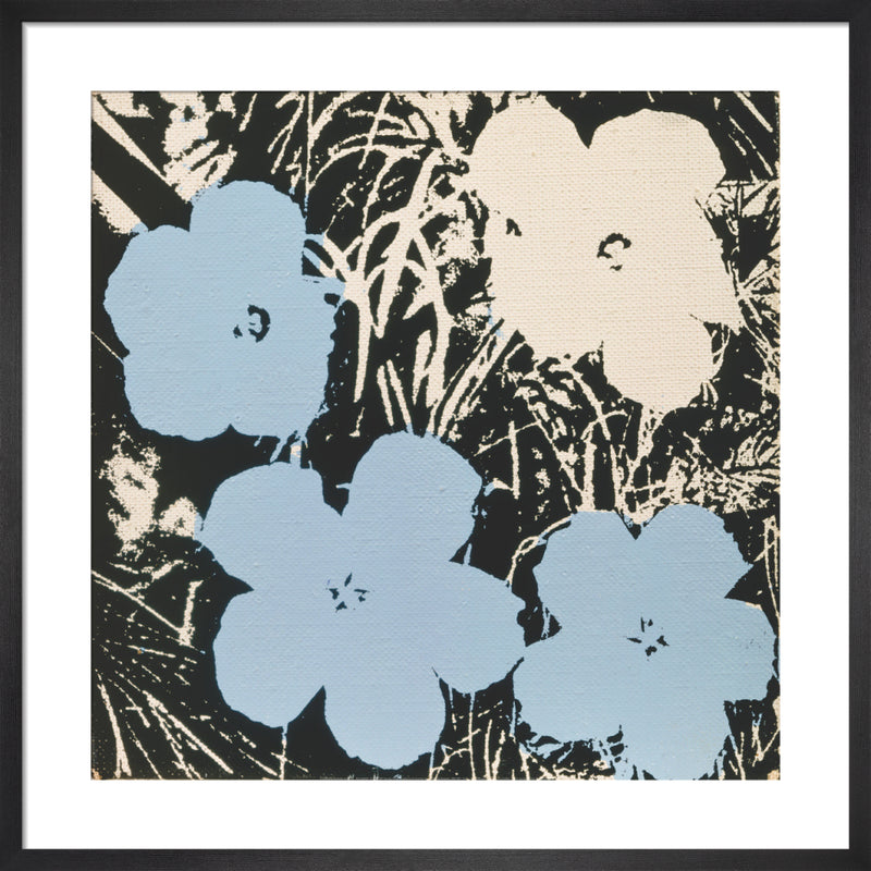 Flowers, 1965 (3 blue, 1 ivory) by Andy Warhol. Framed art print.
