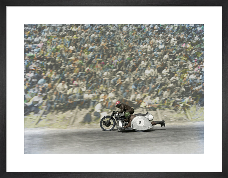 Motorcycle and sidecar by Anonymous. Framed art print.