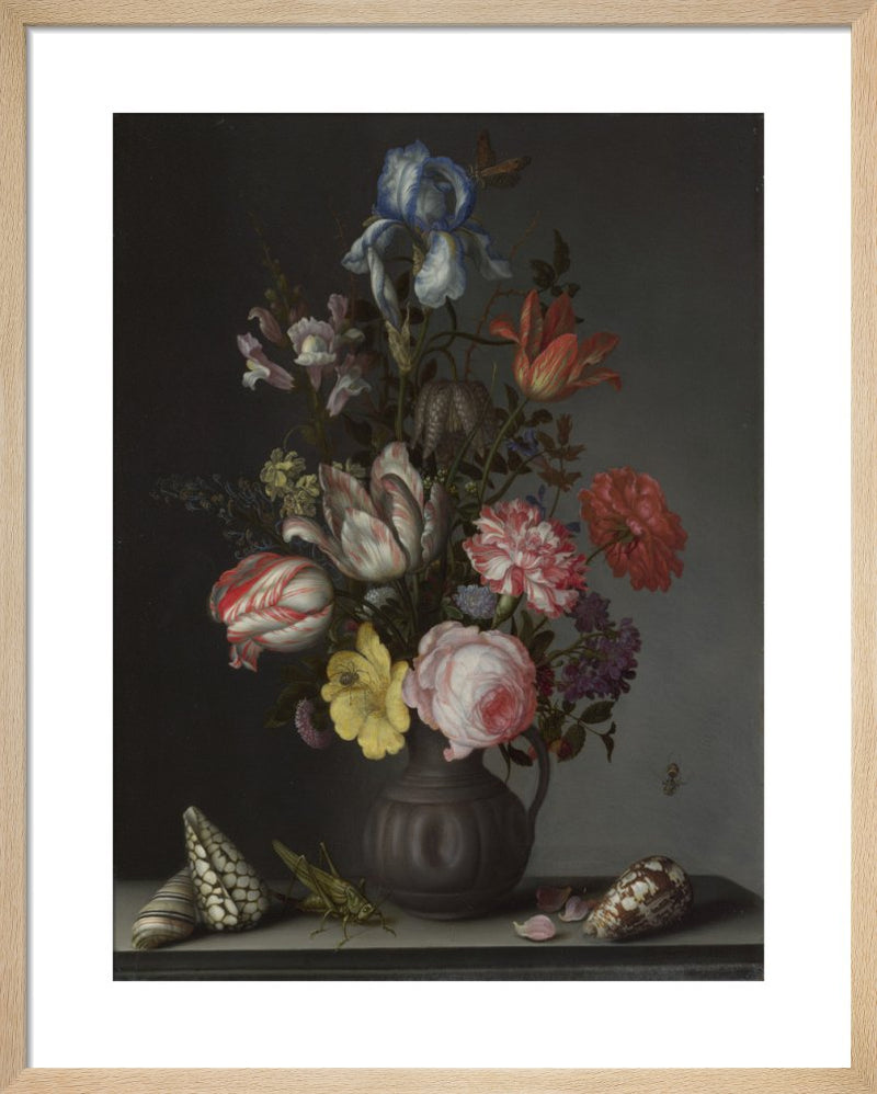 Flowers in a Vase with Shells and Insects by Balthasar van der Ast. Framed art print.