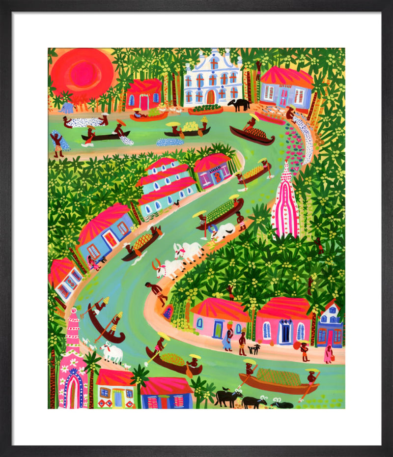 Boats on the Kerala backwater by Christopher Corr. Framed art print.