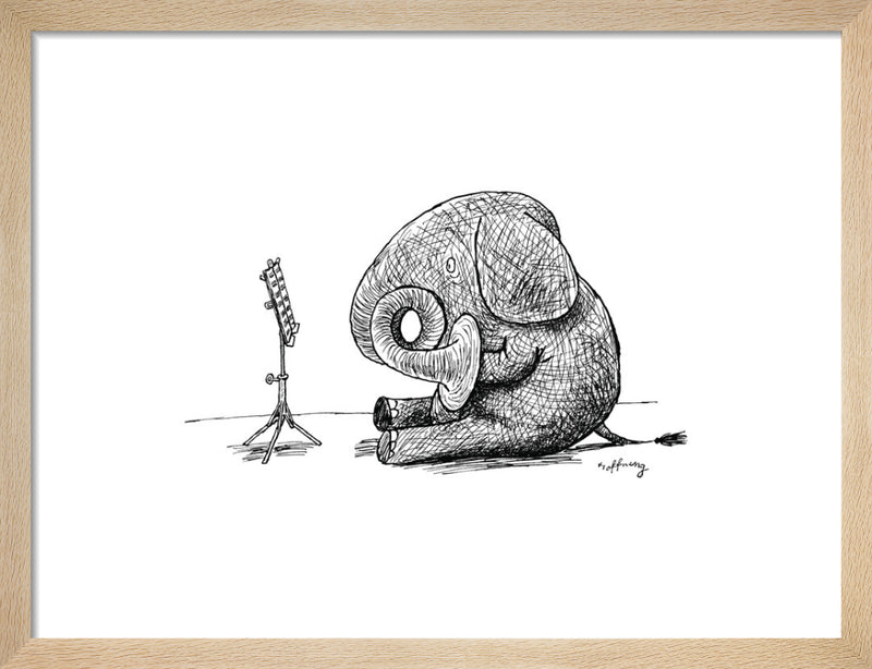 French Horn Elephant by Gerard Hoffnung. Framed art print.