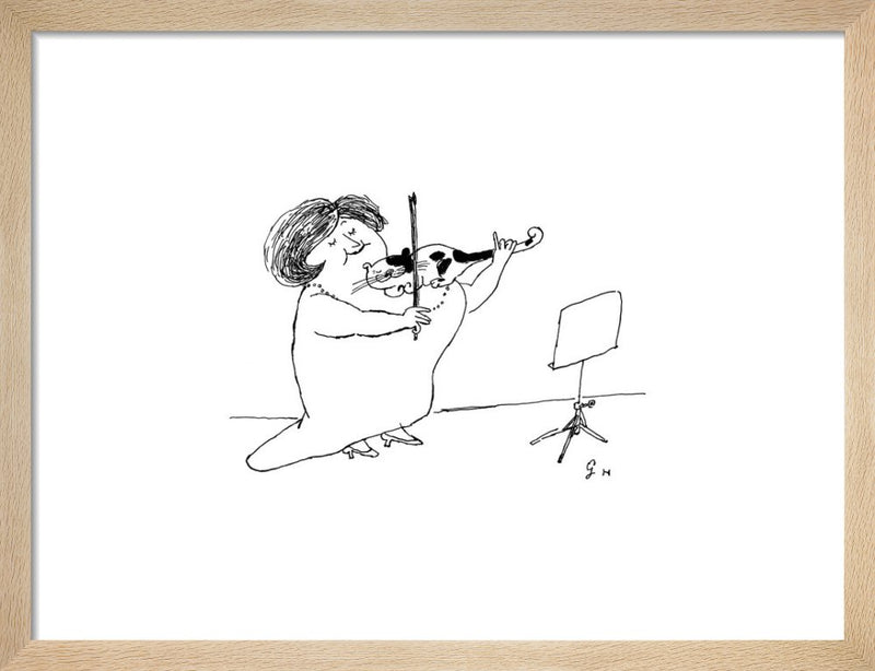 Lady with Cat Violin by Gerard Hoffnung. Framed art print.