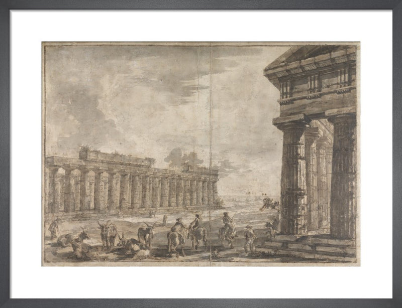 Paestum Italy Basilica with Temple of Neptune in the right foreground Exteriors by Giovanni Battista Piranesi. Framed art print.