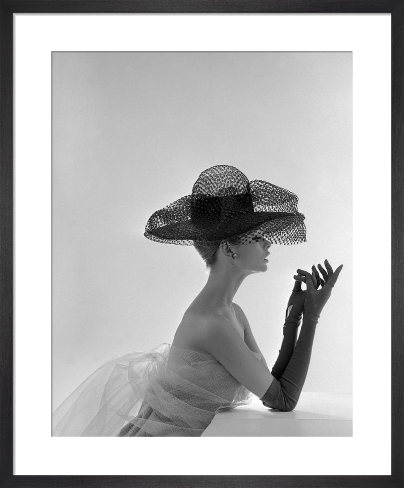 Jean Shrimpton in Madame Paulette hat by John French. Unframed art print.