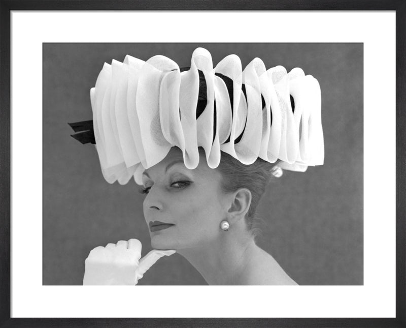 Outrageous hat by John French. Framed art print.