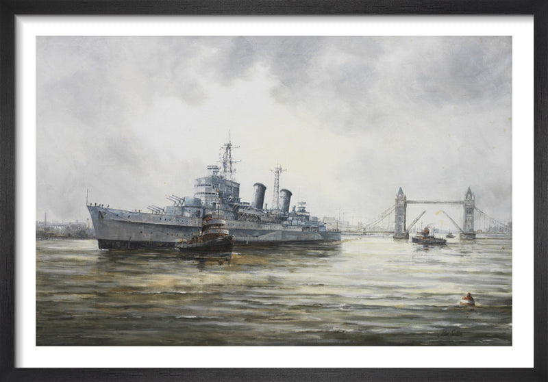 HMS Belfast arriving in the Pool of London by John Sutton. Framed art print.