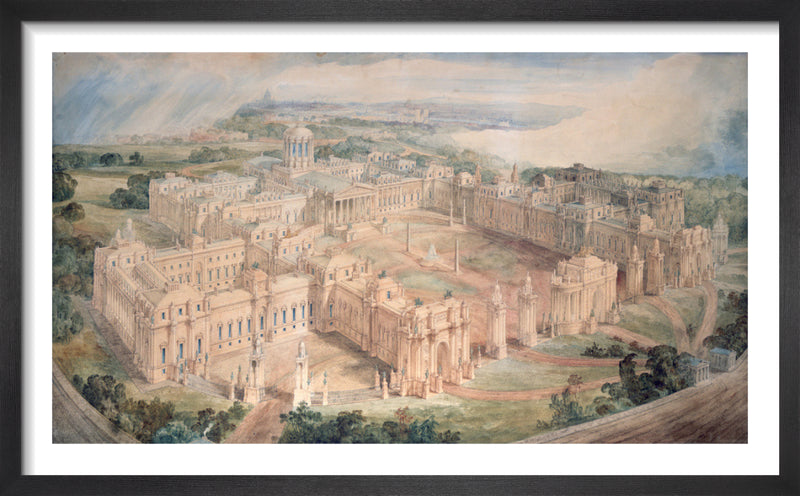 Bird's-eye view of [John Soane's design for] a Royal Palace for Green Park by Joseph M Gandy. Framed art print.