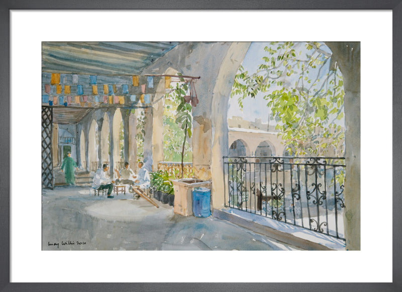 Coffee in The Khan, Damascus by Lucy Willis. Framed art print.