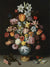 A Still Life of Flowers in a Wan-Li Vase on a Ledge with further Flowers, Shells and a Butterfly by Ambrosius Bosschaert the Elder. Unframed art print.